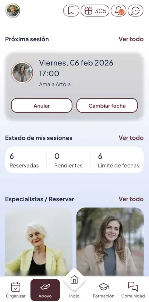 Pantalla Apoyo de Alisio: próxima sesión con una especialista, estado de las sesiones y especialistas para reservar.