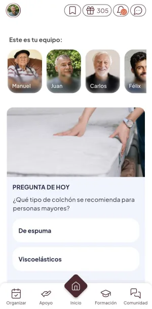 Pantalla de inicio de Alisio: tu equipo de cuidado y la pregunta del día.